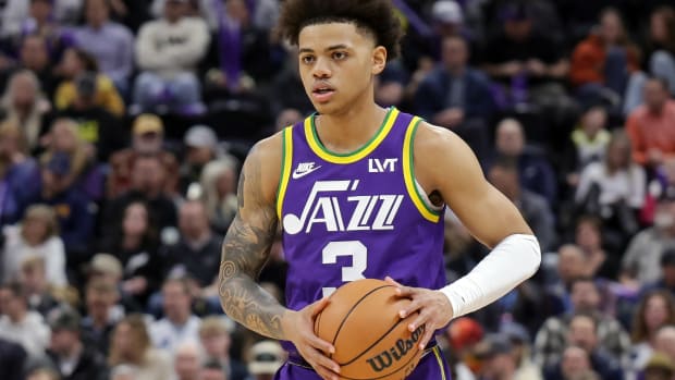 Feb 22, 2024; Salt Lake City, Utah, USA; Utah Jazz guard Keyonte George (3) controls the ball during the first quarter against the Charlotte Hornets at Delta Center. Mandatory Credit: Chris Nicoll-USA TODAY Sports